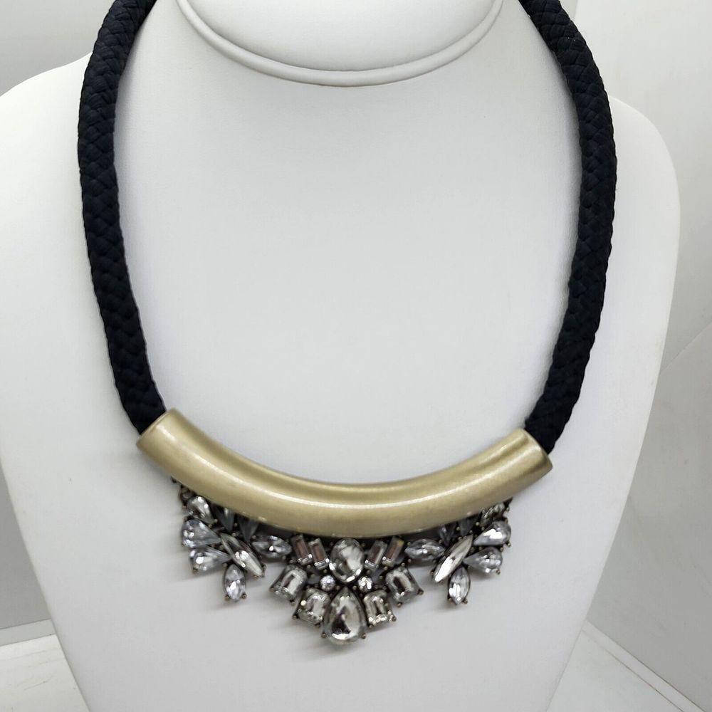 ANN TAYLOR Loft Black Braided Cord Clear Rhinestone Brushed Gold Tone Necklace1
